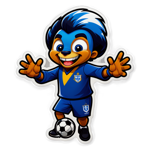 Ilustração do mascote do Porto em pose divertida no campo de futebol