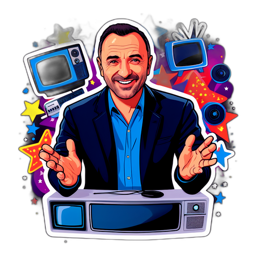 Levend portret van Nikos Aliagas omringd door tv-gadgets en sterren