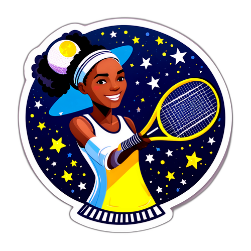 Ilustrație a unei jucătoare de tenis cu rachetă și stele în jur