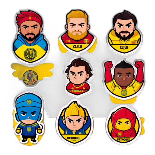 Adesivi cu eroii de la U Cluj și Petrolul, în stil cartoon
