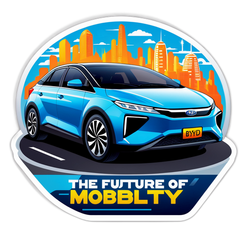 Een sticker van de Byd-auto in een futuristische setting