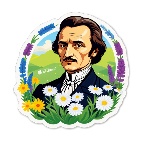 Sticker cu Mihai Eminescu și flori de câmp românești