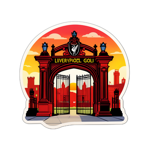 Porțile Shankly din Liverpool cu un fundal de apus