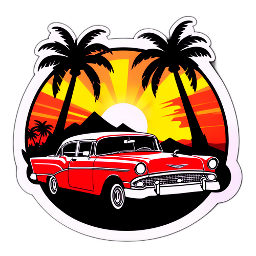 Klasyczny kubański samochód na tle palm i zachodu słońca