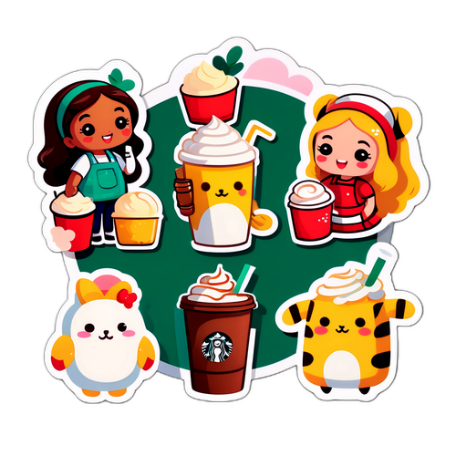 スターバックスの新しい飲み物を持ったかわいいキャラクターのスタンプ