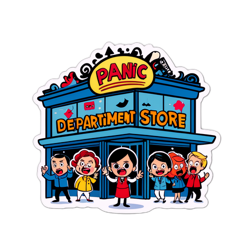Un autocollant amusant représentant un grand magasin avec des personnages paniqués inspirés du film télévisé "Panic at the Department Store"