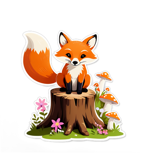 Playful Fox on Tree Stump Sticker