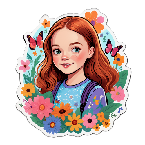 Adesivo illustrato di Sadie Sink circondata da fiori e farfalle