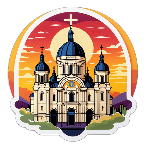 Sticker cu imaginea Catedralei Mântuirii Neamului la apus, simbolizând spiritualitatea românească