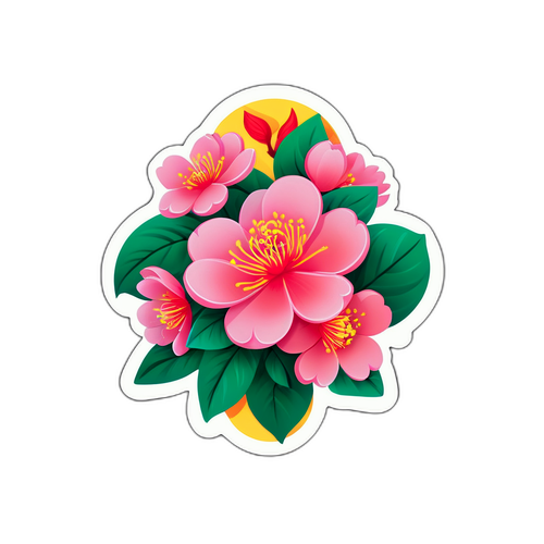 Sticker thiết kế mùa xuân với hoa đào nở và biểu tượng Tết Việt Nam