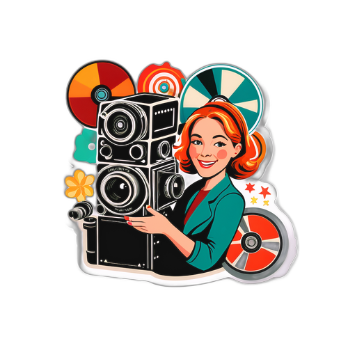 En sjov sticker af Christina Rosendahl med filmruller og et eventyrligt filmkamera