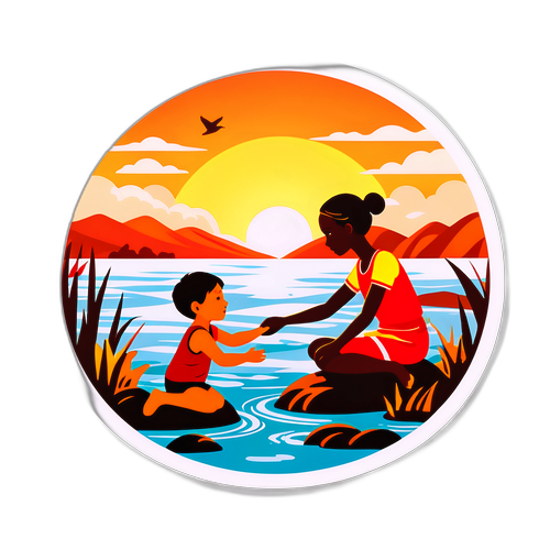 温馨场景：孩子与母亲在水边玩耍