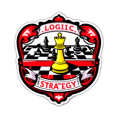 Наклейка с шахматной доской и фигурами в стиле Бориса Крюка с текстом "Логика и стратегия"