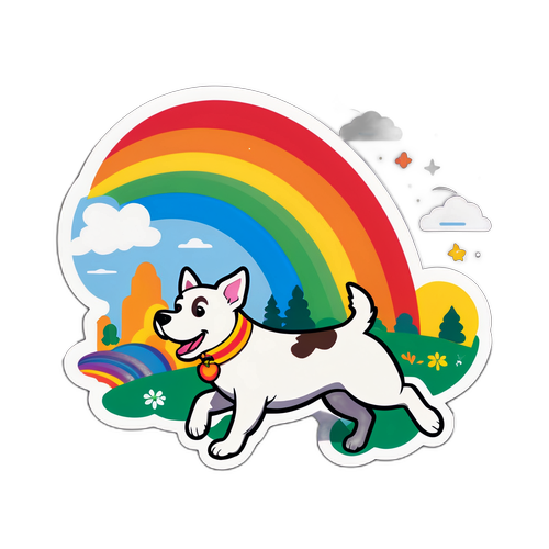 Stiker Anjing Berlari di Taman di Bawah Pelangi
