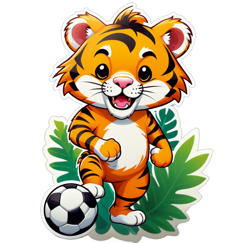 Stiker Harimau Kartun Dribble Bola