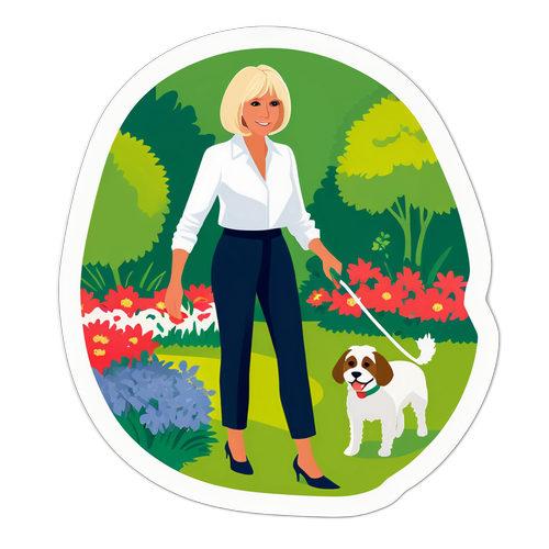 Brigitte Macron en haar hond in een groene tuin