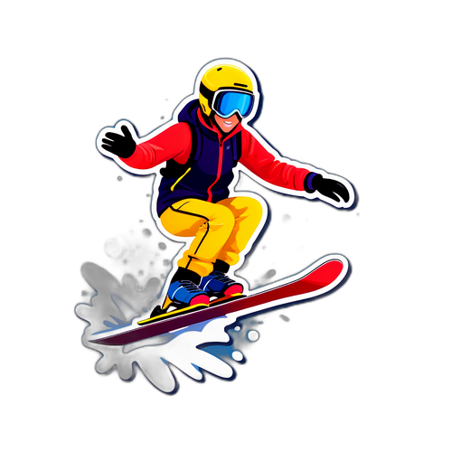 Sticker van een freestyle skier die op de helling landt, met spetterende sneeuw om hem heen