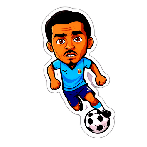 Cartoonisk klistremerke av Pedro Porro med fotball