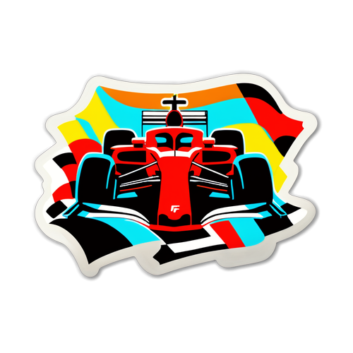 สติกเกอร์การแข่งขัน F1 ที่มีรถแข่งสีสันสดใสและธงตาหมากรุก