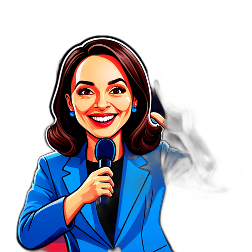 Caricatură jucăușă a lui Mara Bănică în scenă de talk-show