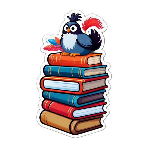 Adesivo Giocoso di un Uccellino su Libri Accatastati