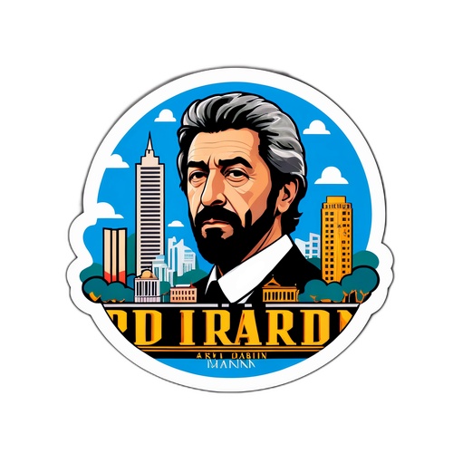 Arte que representa a Ricardo Darín con fondo de ciudad y elementos del cine