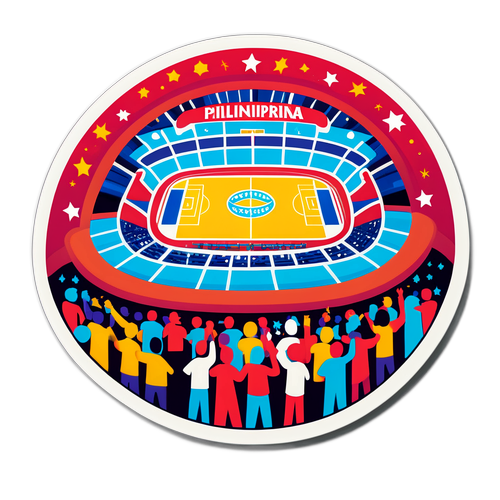 Sticker ng Philippine Arena na may makulay na ilaw at tao habang may popular na aktibidad sa loob