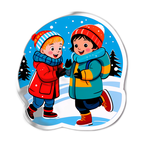 Koti yksin -teemainen tarra: Lapset leikkivät talvisessa lumessa