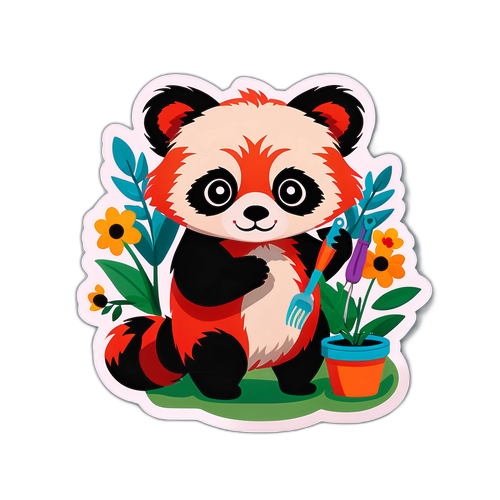 Masiglang Pulang Panda na Nagtatanim ng mga Bulaklak