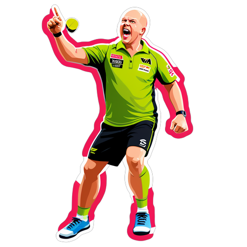 Sticker van Van Gerwen in een dynamische pose terwijl hij een pijl gooit