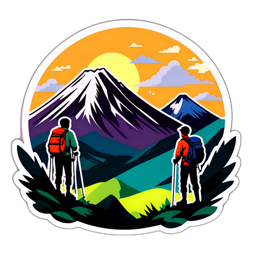 山の景色と登山者のデザイン