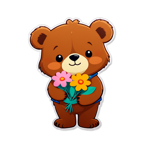 可愛的熊拿著花，暖心微笑