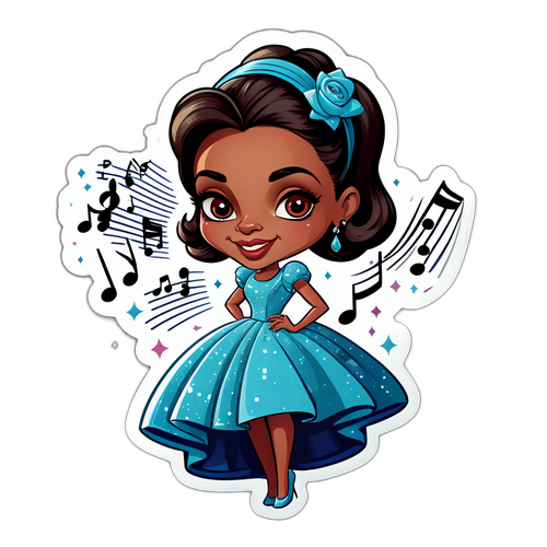 Portret caricatural al lui Theo Rose în rochie strălucitoare