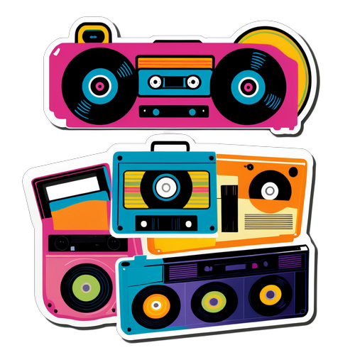 Sticker ng Nostalgiyang Retro ng Cassette Tapes at Record Players