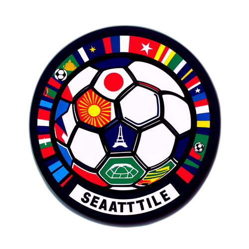 Abstract sticker van een voetbalsymbool met culturele iconen uit Seattle en Parijs