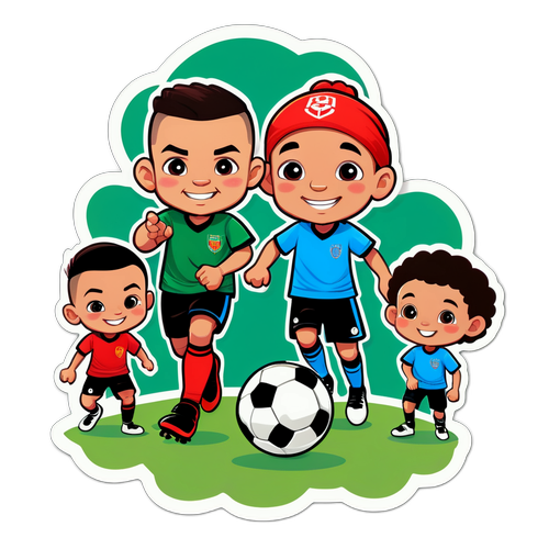 Schattige Cartoon van Radja Nainggolan met zijn Kinderen die Voetbal Spelen