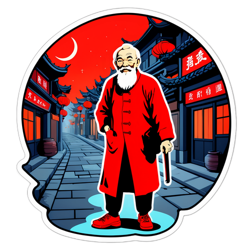 南京街道夜景中的红衣老人