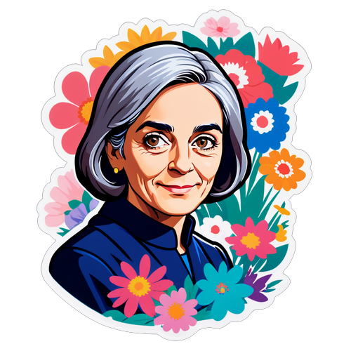 Portrait artistique de Penelope Fillon entourée de livres et de fleurs