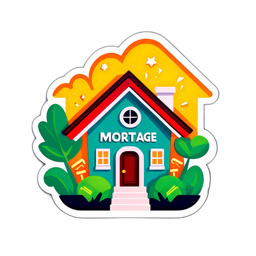 Стикер с иконкой ипотеки — дом и деньги, текст "Сильное будущее с ипотекой!"