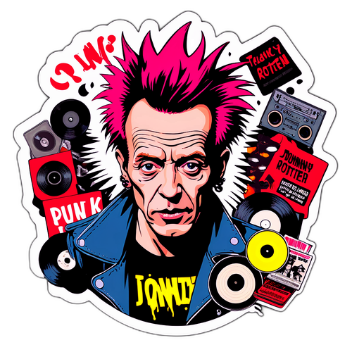 Grungy design av Johnny Rotten med vinylplater og punk sitater