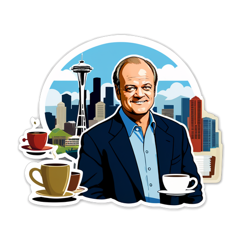 Kelsey Grammer som Frasier med kaffemuggar och Seattle-silhuett