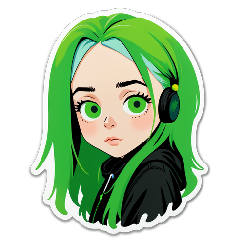 De Betoverende Billie Eilish: Minimalistische Sticker Met Iconische Groene en Zwarte Kleuren!