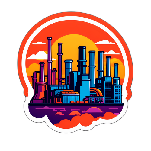 Sticker cu peisaj urban vibrant reprezentând impactul industrial al ArcelorMittal