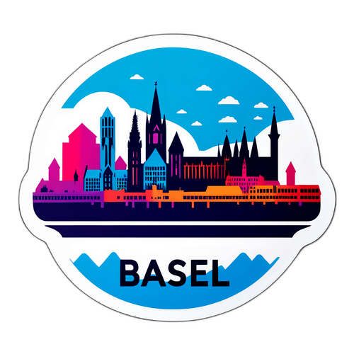 Binderklistermärke från Basel med stiliserad stadssilhuett