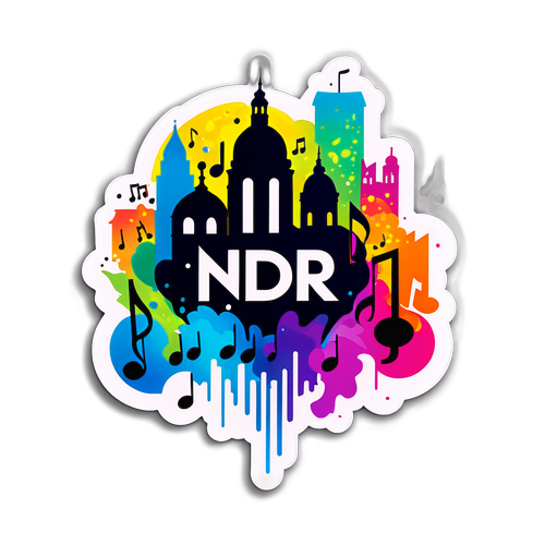 Nálepka s logem NDR a siluetami elegantních budov