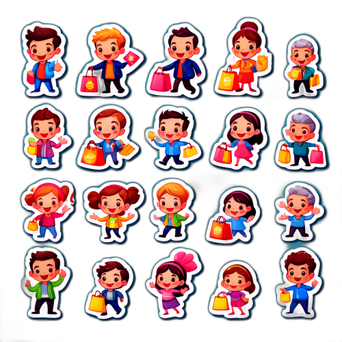 สติ๊กเกอร์ตัวการ์ตูนของผู้คนในเมืองที่มีความสุขไปจ่ายเงินที่ร้านค้า