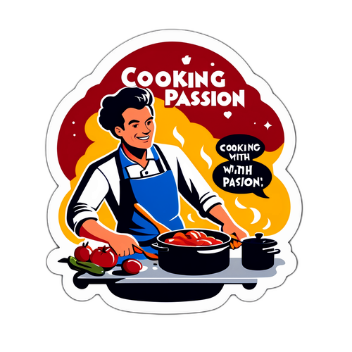 Sticker van Jacotte Brokken die een maaltijd bereidt