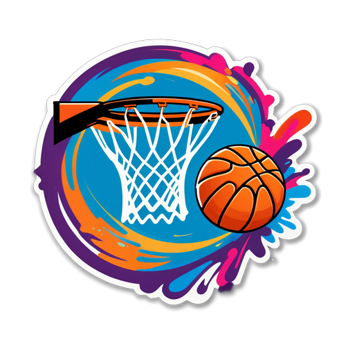Isang makulay na sticker ng basketball na lumilipad papunta sa hoop