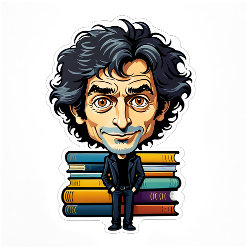 Caricatură a lui Neil Gaiman cu cărțile sale celebre