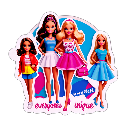 Een sticker van een Barbiepop in verschillende outfits, met de tekst 'Iedereen is uniek'
